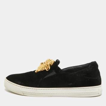 Pre Owned Versace Black Velvet Medusa Slip On Sneakers Size 41