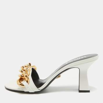 Pre Owned Versace White Leather Medusa Chain Slide Sandals Size 38.5