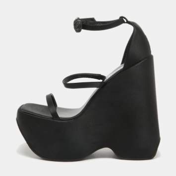 Pre Owned Versace Black Satin Platform Ankle Strap Sandals Size 36