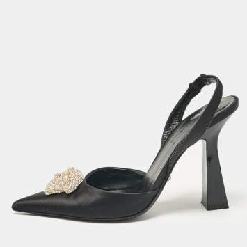 Pre Owned Versace Black Satin Crystal La Medusa Slingback Pumps Size 36