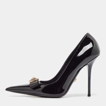 Pre Owned Versace Black Patent Leather Gianni Ribbon Pumps Size 38