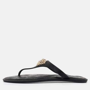 Pre Owned Versace Black Rubber Medusa Flat Slides Size 37