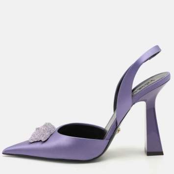 Pre Owned Versace Purple Satin Crystal Embellished La Medusa Slingback Pumps Size 41