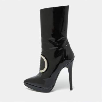 Pre Owned Versace Black Patent Leather Medusa Stamp Mid Calf Boots Size 35