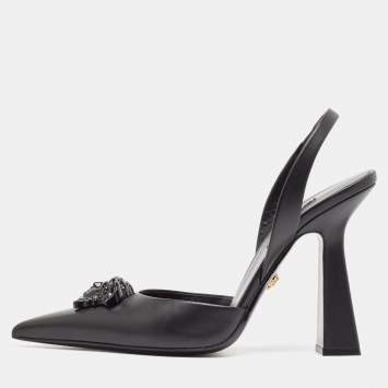 Pre Owned Versace Black Leather La Medusa Slingback Pumps Size 40