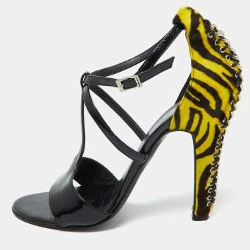 Pre Owned Versace Black Patent Leather and Animal Print Calf Hair Sandals Size 38.5