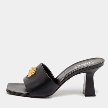 Pre Owned Versace Black Leather La Medusa Slide Sandals Size 39