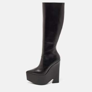 Pre Owned Versace Black Leather Platform Knee Length Boots Size 39