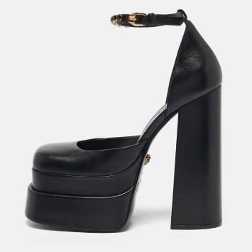 Pre Owned Versace Black Leather Medusa Aevitas Double Platform Pumps Size 39