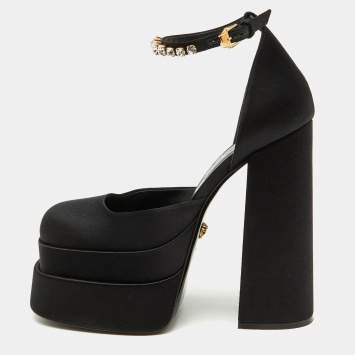 Pre Owned Versace Black Satin Medusa Aevitas Double Platform Pumps Size 38