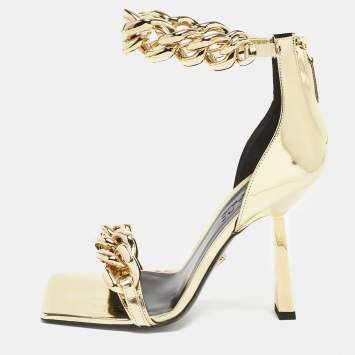 Pre Owned Versace Gold Patent Leather Medusa Chain Ankle Strap Sandals Size 35