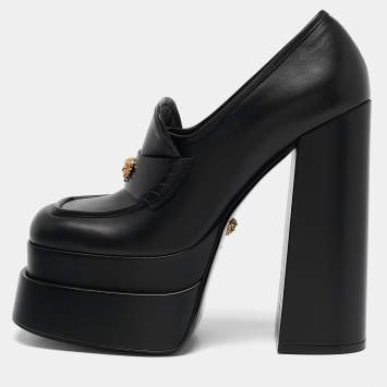 Pre Owned Versace Black Leather Medusa Aevitas Double Platform Pumps Size 41