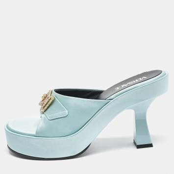 Pre Owned Versace Mint Green Satin Medusa Biggie Mules Size 40