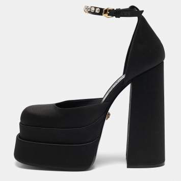 Pre Owned Versace Black Satin Medusa Aevitas Double Platform Pumps Size 40