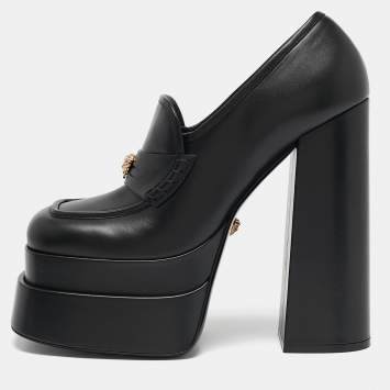 Pre Owned Versace Black Leather Juno Platform Pumps Size 41