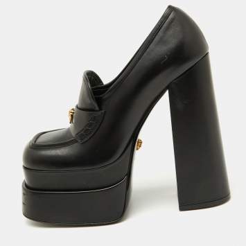 Pre Owned Versace Black Leather Aevitas Platform Block Heel Pumps Size 39