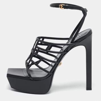 Pre Owned Versace Black Leather Greca Cage Platform Sandals Size 41
