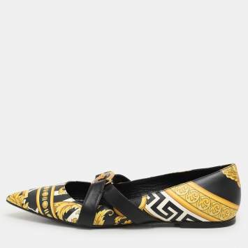 Pre Owned Versace Yellow/Black Leather Savage Wild Barocco Ballet Flats Size 38