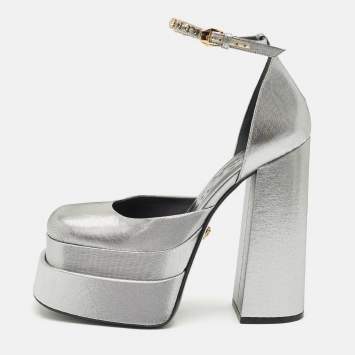Versace Metallic Grey Fabric Medusa Aevitas Double Platform Pumps Size 38.5