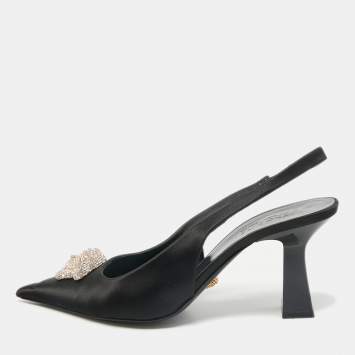 Versace Black Satin Crystal Embellished La Medusa Slingback Pumps Size 40
