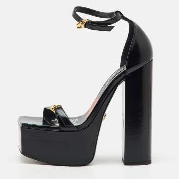 Versace Black Leather Block Heel Platform Ankle Strap Sandals Size 38