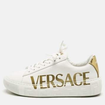 Versace White/Gold Leather La Greca Lace Up Sneakers Size 38