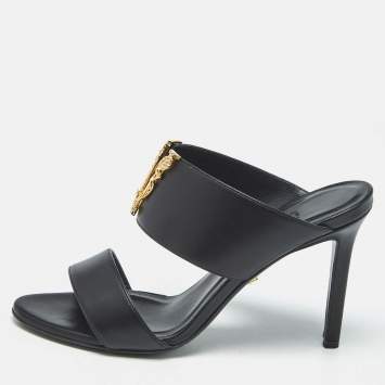 Pre Owned Versace Black Leather Virtus Slide Sandals Size 37