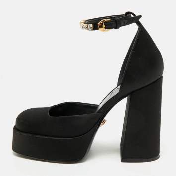 Pre Owned Versace Black Satin Aevitas Crystal Embellished Ankle Strap Platform Pumps Size 37.5