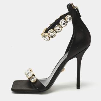 Pre Owned Versace Black Satin Crystals Embellished Ankle Strap Sandals Size 37