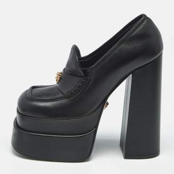 Versace Black Leather Aevitas Block Heel Pumps Size 37