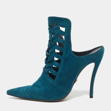 Pre Owned Versace Blue Suede Cutout Pointed Toe Mules Size 39