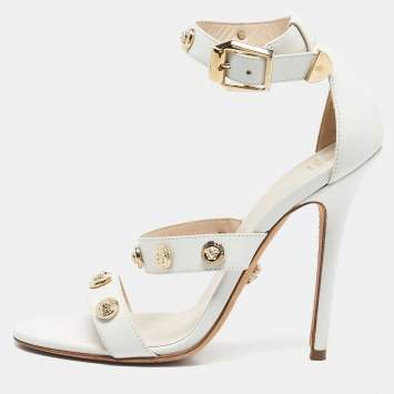 Pre Owned Versace White Leather Studded Medusa Ankle Strap Sandals Size 38