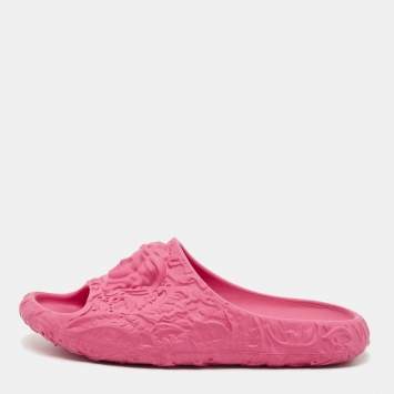 Pre Owned Versace Pink  Rubber Medusa Embossed Pool Slides Size 40