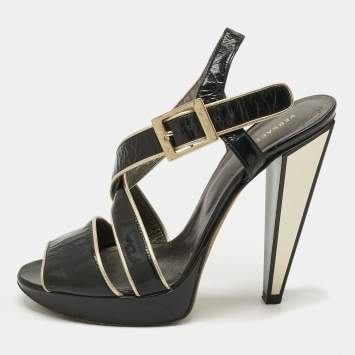 Pre Owned Versace Black Patent Leather Ankle Strap Sandals Size 39