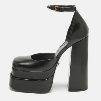 Pre Owned Versace Black Leather Medusa Aevitas Double Platform Pumps Size 39