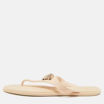 Pre Owned Versace Cream Rubber Alia Thong Flat Slides Size 38.5