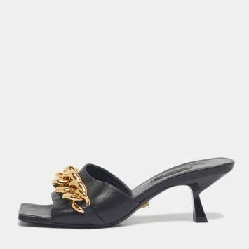Pre Owned Versace Black Leather Medusa Chain Link Slide Sandals Size 36