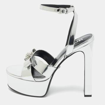 Pre Owned Versace Silver Foil Leather Ankle Strap Platform Sandals Size 40