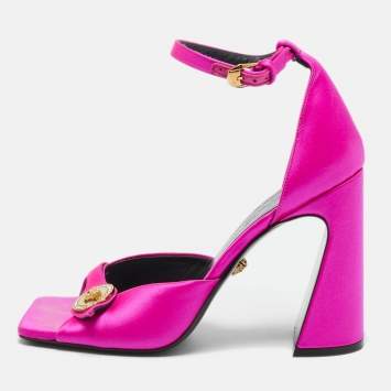Pre Owned Versace Pink Satin Medusa Block Heel Ankle Strap Sandals Size 39
