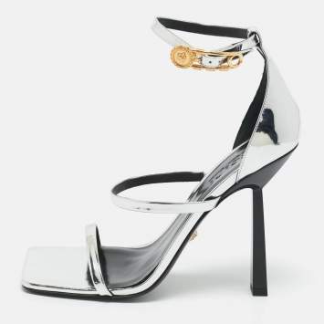 Pre Owned Versace Silver Leather Safety Pin Ankle Strap Sandals Size 41