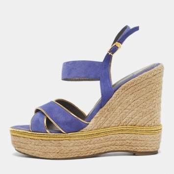 Pre Owned Versace Blue Suede Espadrille Strappy Wedge Sandals Size 39
