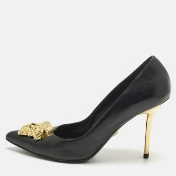 Pre Owned Versace Black Leather Medusa Embellished Pointed Toe Pumps Size 40