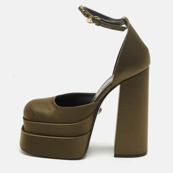 Pre Owned Versace Dark Green Satin D'orsay Crystal Embellish Platform Pumps Size 40