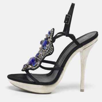 Pre Owned Versace Size 38 Black Satin Crystal Embellished Slingback Sandals