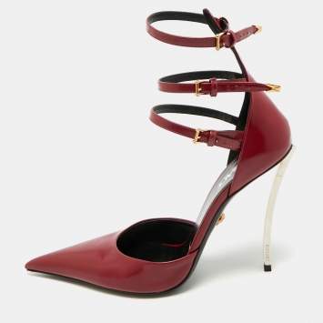 مملوكة مسبقًا Versace Pin-Point Size 40 Burgundy Brushed Leather Ankle Strap Pumps