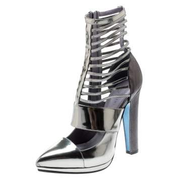 Pre Owned Versace Metallic Silver Leather Pointed Toe Cage Pumps Size 40