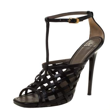 Pre Owned Versace Black Leather Strappy Sandals Size 41