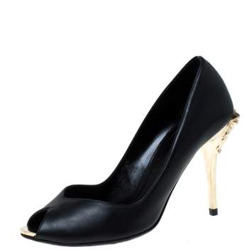 Pre Owned Versace Black Leather Peep Toe Medusa Heel Pumps Size 35.5