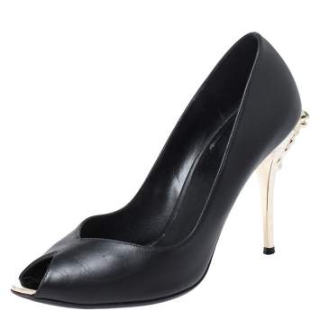 Pre Owned Versace Black Leather Peep Toe Medusa Heel Pumps Size 37