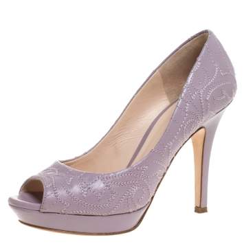 Pre Owned Versace Lilac Embroidered Leather Peep Toe Platform Pumps Size 38.5